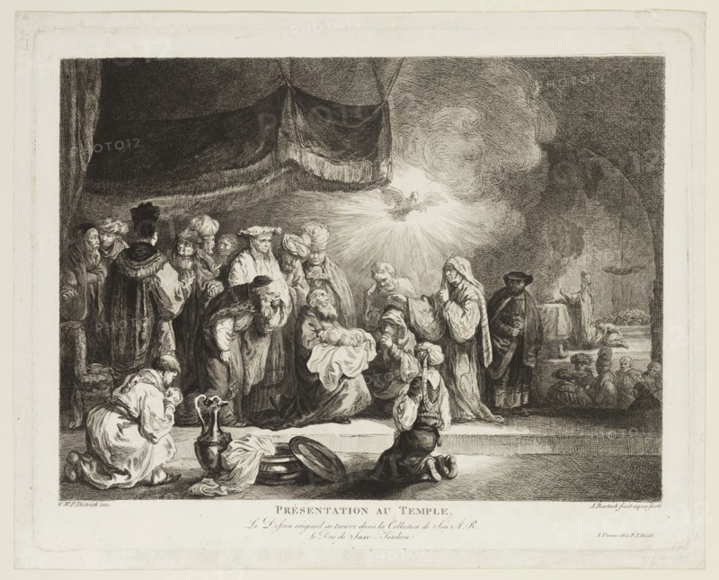 Adam von Bartsch, Austrian, 1756-1821, after Christian Wilhelm Ernst Dietrich, German, 1712-1774, Presentation in the Temple, between 1756 and 1821, etching printed in black ink on laid paper, Plate: 10 7/8 × 13 7/8 inches (27.6 × 35.2 cm)
