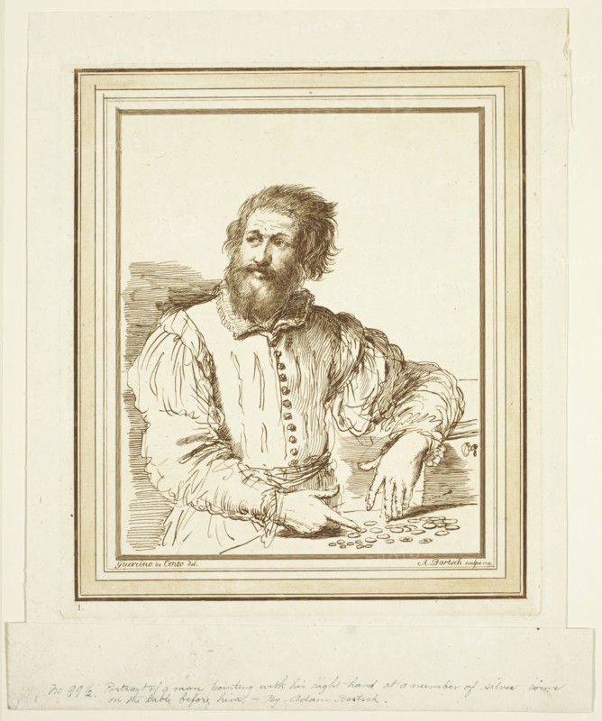 Adam von Bartsch, Austrian, 1756-1821, after Guercino (Giovanni Francesco Barbieri), Italian, 1591-1666, Man Pointing, 1782, etching printed in brown ink on laid paper, Plate: 12 1/8 × 10 5/8 inches (30.8 × 27 cm)