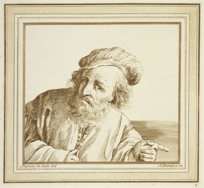 Adam von Bartsch, Austrian, 1756-1821, after Guercino (Giovanni Francesco Barbieri), Italian, 1591-1666, Old Man Pointing, 1782, etching printed in brown ink on laid paper, Plate: 8 3/4 × 9 5/8 inches (22.2 × 24.4 cm)