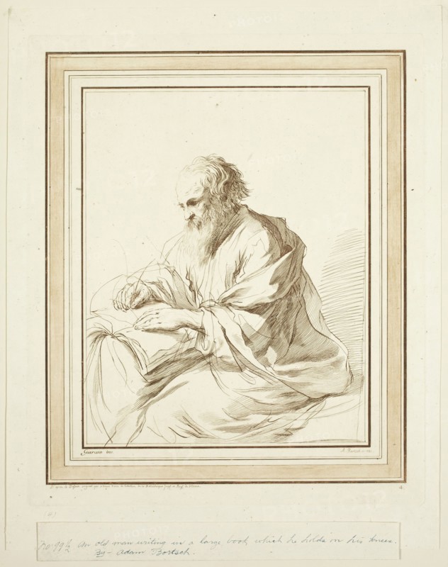 Adam von Bartsch, Austrian, 1756-1821, after Guercino (Giovanni Francesco Barbieri), Italian, 1591-1666, Old Man Writing, 1783, etching printed in brown ink on laid paper, Plate: 13 1/2 × 11 3/8 inches (34.3 × 28.9 cm)