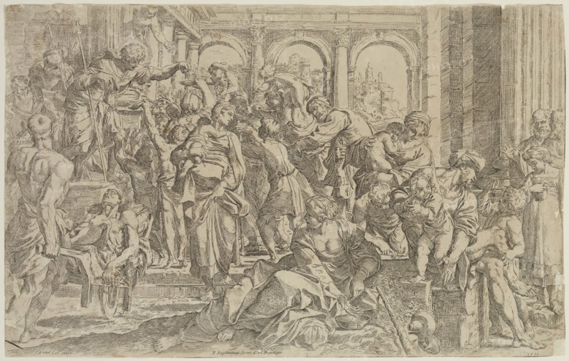 Guido Reni, Italian, 1575-1642, after Annibale Carracci, Italian, 1560-1609, Saint Roch Distributing Alms to the Poor, 1610, etching printed in black ink on laid paper, Sheet (trimmed within plate mark): 11 3/8 × 18 1/8 inches (28.9 × 46 cm)