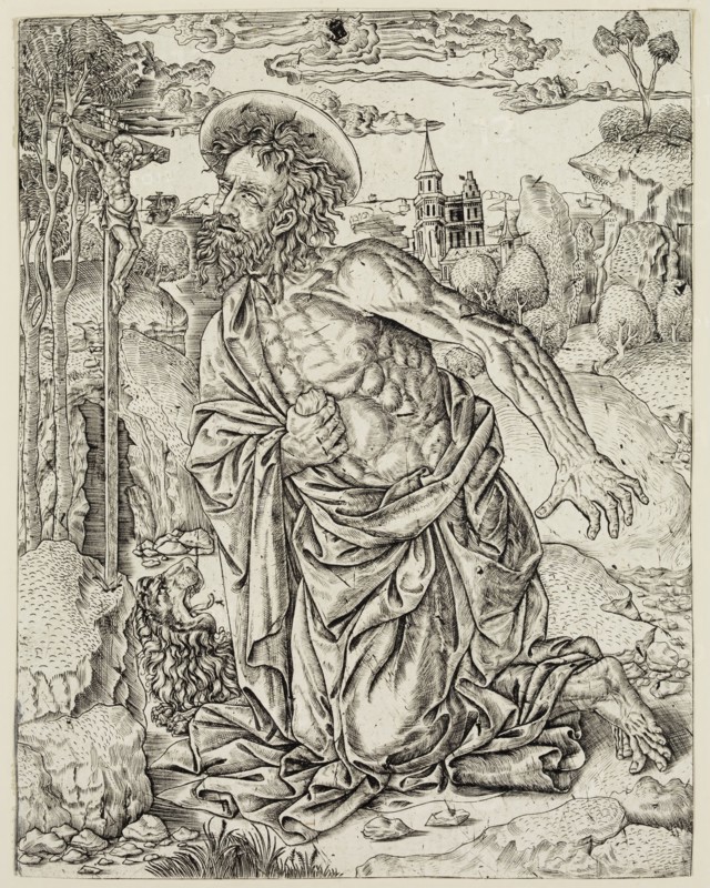 Unknown (Italian), Saint Jerome in Penitence, ca. 1500, engraving printed in black ink on laid paper, Sheet (trimmed within plate mark): 8 5/8 × 6 3/4 inches (21.9 × 17.1 cm)