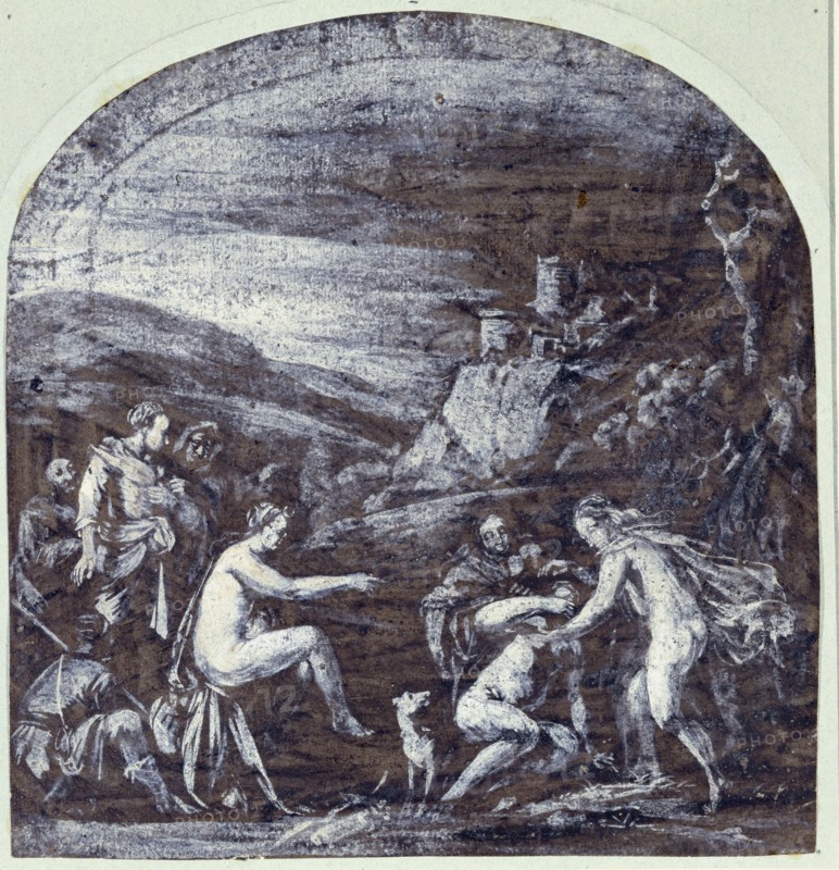 circle of Adam Elsheimer, German, 1574-1620, Diana and Callisto, between 1606 and 1608, white lead gouache and black wash on laid paper, Sheet: 7 3/8 × 7 inches (18.7 × 17.8 cm)