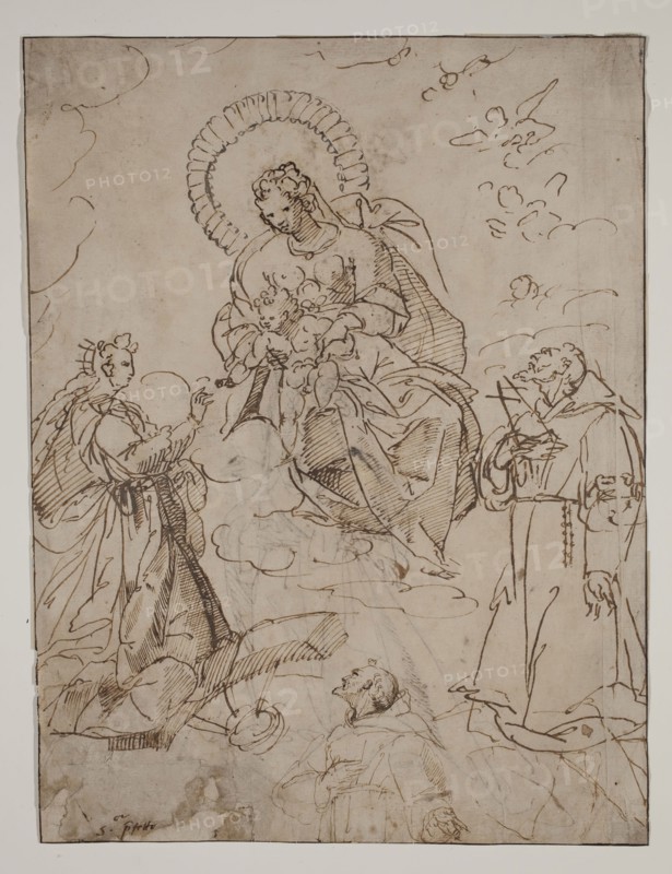 Unknown (Italian), The Mystic Marriage of Saint Catherine of Alexandria with Francis of Assisi, ca. 1600, pen and brown ink on tan wove paper, Sheet: 11 7/16 × 8 11/16 inches (29.1 × 22.1 cm)