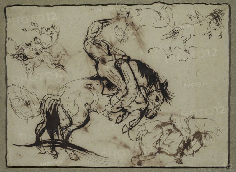 attributed to Théodore Géricault, French, 1791-1824, Horses and Riders, 19th century, pen and brown ink on gray-green laid paper, Sheet: 9 1/8 × 12 1/4 inches (23.2 × 31.1 cm)
