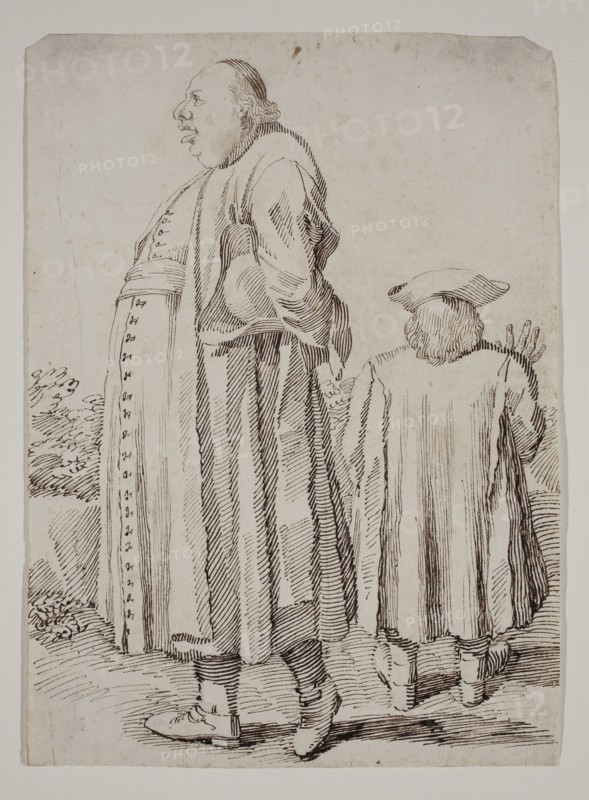 Pier Leone Ghezzi, Italian, 1674-1755, A Priest Walking and a Man Seen From the Back, between 1674 and 1755, pen and dark brown ink with traces of black chalk on cream antique laid paper, Sheet: 11 × 8 inches (27.9 × 20.3 cm)