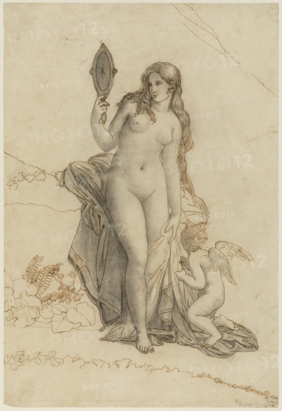 school of Anne Louis Girodet de Rouchy Trioson, French, 1767-1824, Aphrodite, between late 18th and early 19th century, pen and brown ink and gray wash with black chalk on yellow ivory tracing paper, Sheet: 18 7/8 × 12 7/8 inches (47.9 × 32.7 cm)