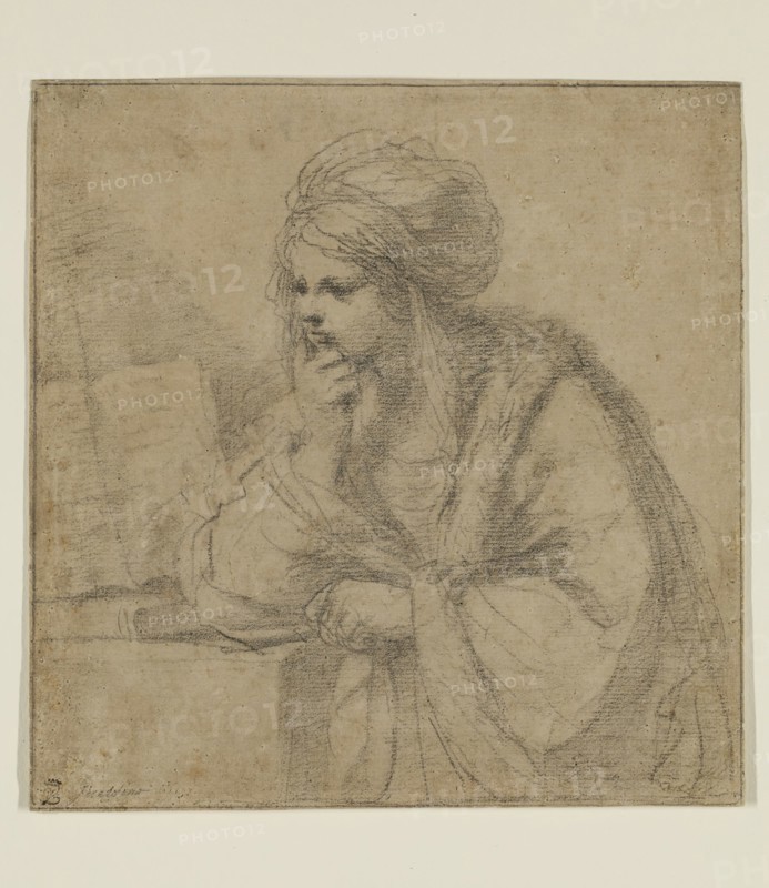 Guercino (Giovanni Francesco Barbieri), Italian, 1591-1666, Girl Reading, 17th century, black chalk on buff laid paper, Sheet: 8 3/16 × 8 inches (20.8 × 20.3 cm)