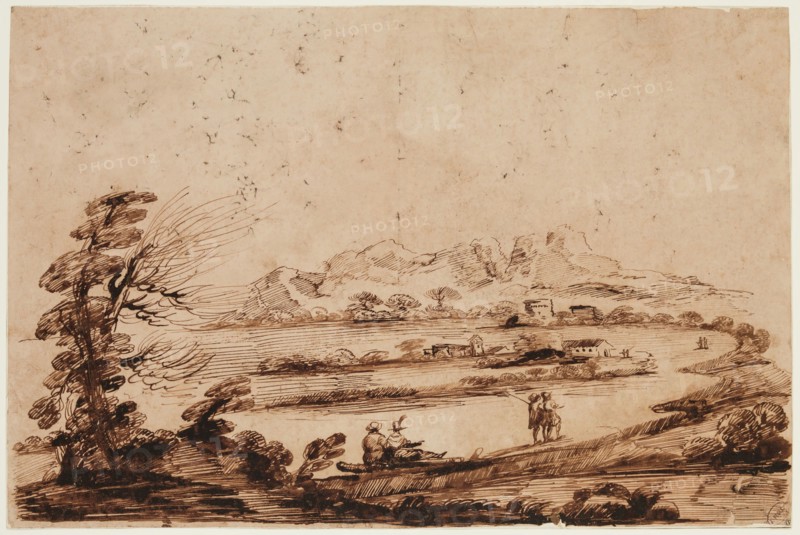 Unknown (Italian), after Guercino (Giovanni Francesco Barbieri), Italian, 1591-1666, Landscape with Figures, 18th century, pen and brown ink on thin cream laid paper, Sheet: 11 1/16 × 16 1/2 inches (28.1 × 41.9 cm)