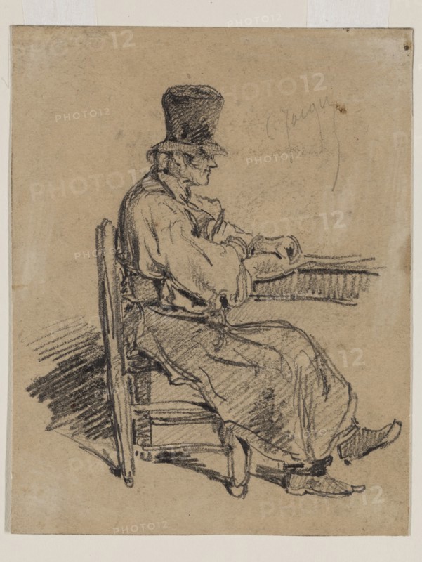 Charles Émile Jacque, French, 1813-1894, Old Man Seated at a Table, 19th century, graphite pencil on tan paper, Sheet: 5 1/4 × 4 1/16 inches (13.3 × 10.3 cm)