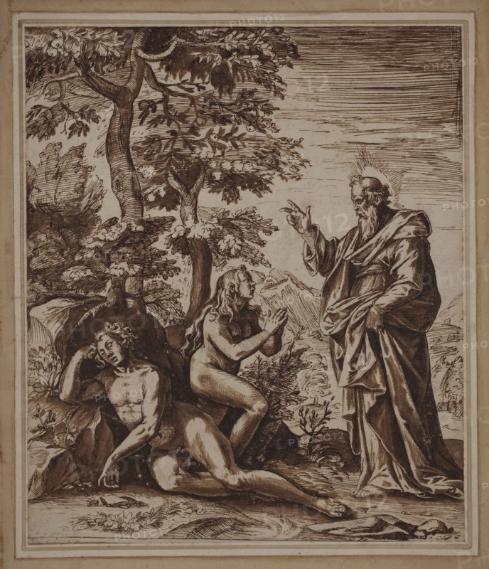 Giovanni Lanfranco, Italian, 1581-1647, The Creation of Eve, between late 16th and mid-17th century, pen and brush and brown ink over graphite on paper mounted to a sheet of heavy cream laid which is drawn with elaborate French margins, Image: 11 1/8 × 9 3/8 inches (28.3 × 23.8 cm)