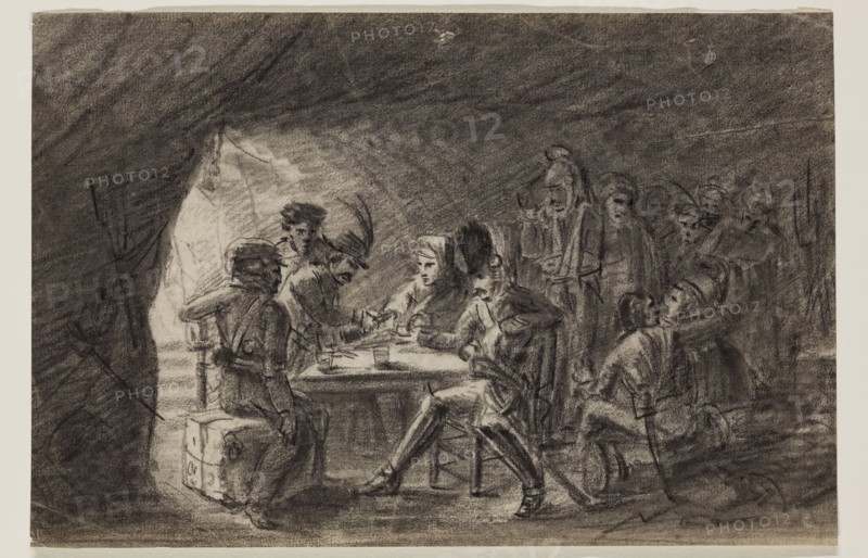 Hippolyte Lecomte, French, 1781-1857, Scene with Bandit, between late 18th and mid-19th century, black crayon on laid paper, Sheet: 6 15/16 × 10 3/8 inches (17.6 × 26.4 cm)