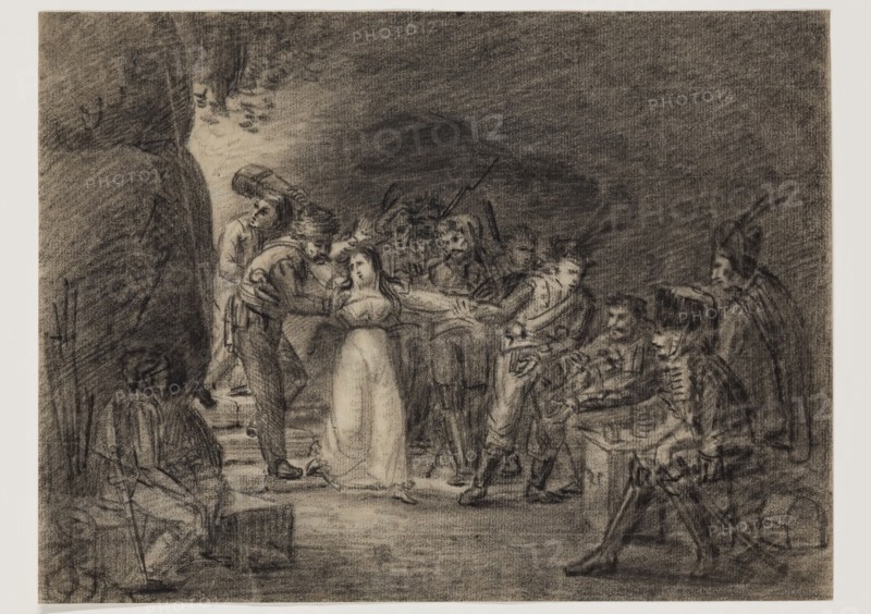 Hippolyte Lecomte, French, 1781-1857, Scene with Bandit, between late 18th and mid-19th century, black crayon on laid paper, Sheet: 7 × 9 5/16 inches (17.8 × 23.7 cm)