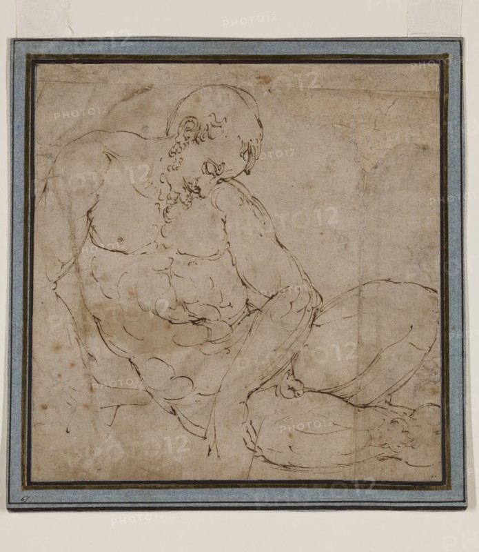 attributed to Luca Cambiaso, Italian, 1527-1585, Nude Man Asleep, between 1540 and 1549, pen and brown ink on beige laid paper, Sheet: 7 1/4 × 7 3/16 inches (18.4 × 18.2 cm)