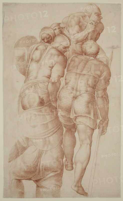 Unknown (Italian), after Michelangelo, Italian, 1475-1564, A Group of Soldiers from the Crucifixion of Saint Peter, after 1550, red chalk over a preliminary drawing in black chalk on cream antique laid paper, Sheet: 16 × 9 5/8 inches (40.6 × 24.4 cm)