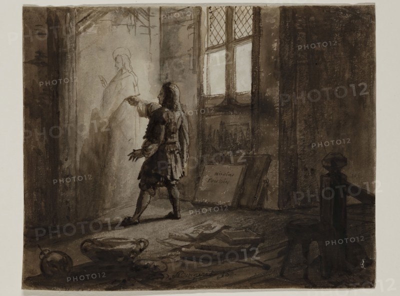Pierre Nolasque Bergeret, French, 1782-1863, N. Poussin in his Studio, 19th century, pen and brush and brown ink over graphite or black chalk on cream wove paper, Sheet: 6 5/16 × 7 7/8 inches (16 × 20 cm)