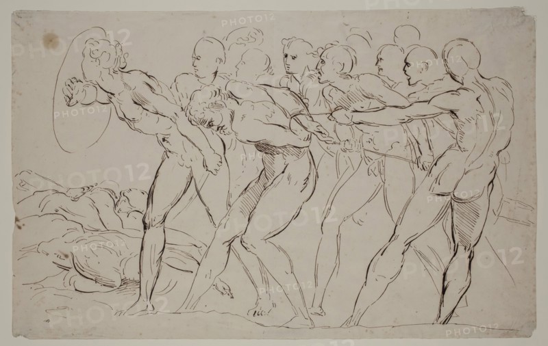 Unknown (Italian), after Raphael, Italian, 1483-1520, Battle Scene with Captives, 19th century, pen and brown ink on cream wove paper, Sheet (irregular): 9 5/8 × 15 1/4 inches (24.4 × 38.7 cm)