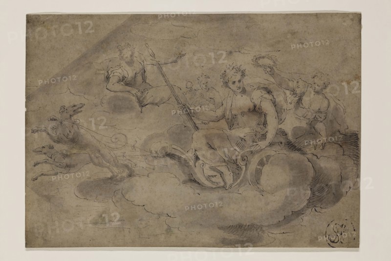 Unknown (Italian), Goddess Drawn in Chariot by Two Dogs, 17th century, pen and brush, black ink and wash on a severely discolored sheet of paper fully mounted to a sheet of heavy wove paper, Sheet: 7 3/16 × 10 1/4 inches (18.3 × 26 cm)