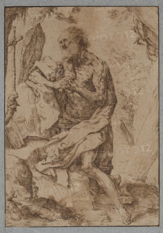Unknown (Italian), after Guido Reni, Italian, 1575-1642, Saint Jerome in the Wilderness, 17th century, pen and brown ink on dark cream laid paper, Sheet: 8 7/16 × 5 7/8 inches (21.4 × 14.9 cm)