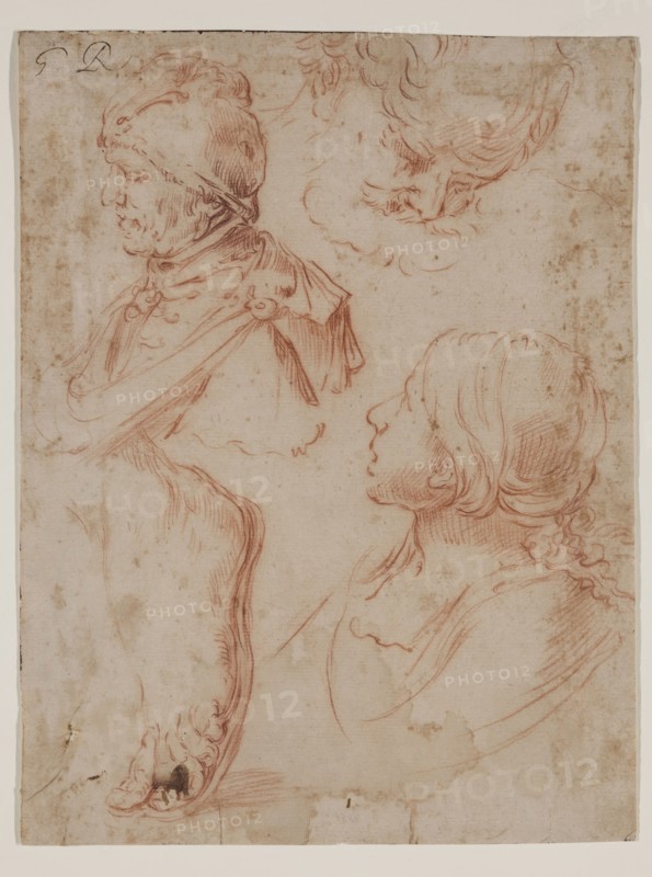 Unknown (Italian), after Guido Reni, Italian, 1575-1642, Studies of Three Heads and a Foot, between 1650 and 1675, red chalk on buff antique laid paper, Sheet: 10 1/4 × 7 3/4 inches (26 × 19.7 cm)