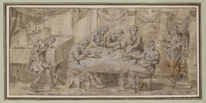Unknown (Italian), after Giulio Romano, Italian, 1499-1546, A Family Meal, between mid and late 16th century, pen and brown-gray ink and brown-gray wash, heightened with white, on cream laid paper, Sheet: 5 1/2 × 11 3/4 inches (14 × 29.8 cm)