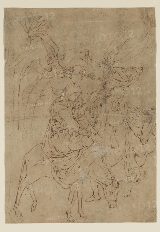 after Martin Schongauer, German, 1450-1491, The Flight into Egypt, 15th century, pen and brown ink on discolored laid paper, coated on verso with charcoal or black chalk, Sheet: 10 1/8 × 7 1/8 inches (25.7 × 18.1 cm)