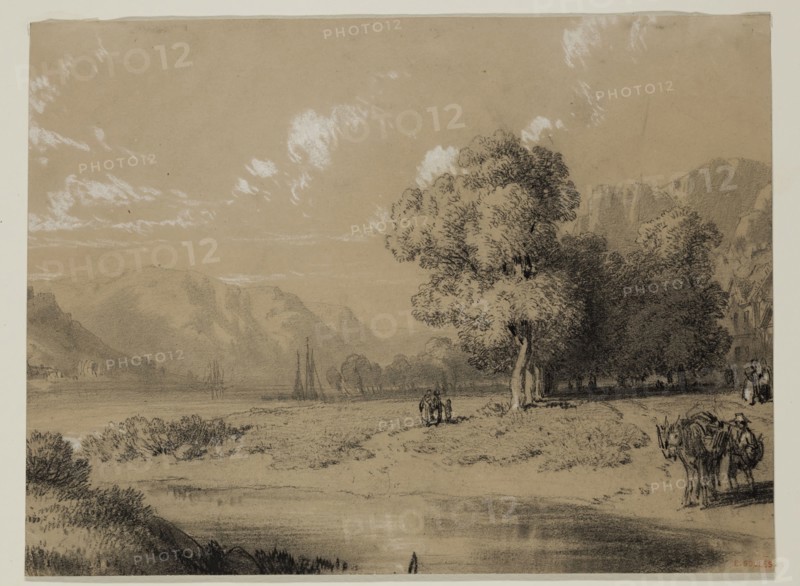 Eugène Edouard Soulès, French, 1811-1876, Landscape, 19th century, graphite pencil, black crayon and white gouache on tan paper, Sheet: 7 5/8 × 10 3/8 inches (19.4 × 26.4 cm)