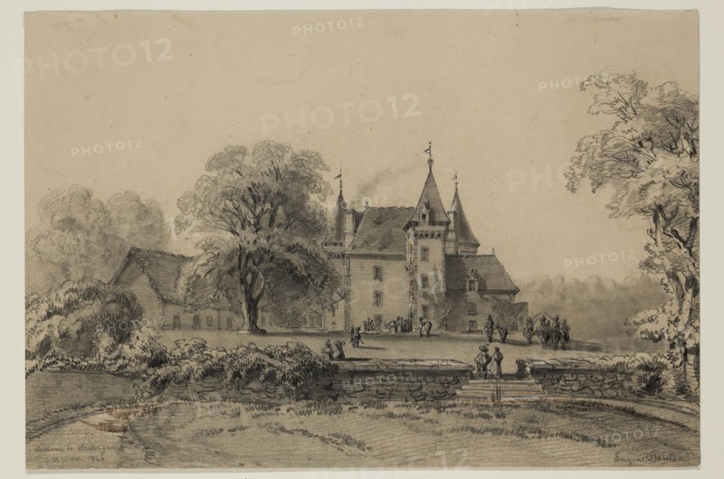 Eugène Edouard Soulès, French, 1811-1876, Chateau de Chabrignac, 19th century, graphite pencil and brown wash with white on taupe wove paper, Sheet: 7 3/8 × 10 7/8 inches (18.7 × 27.6 cm)