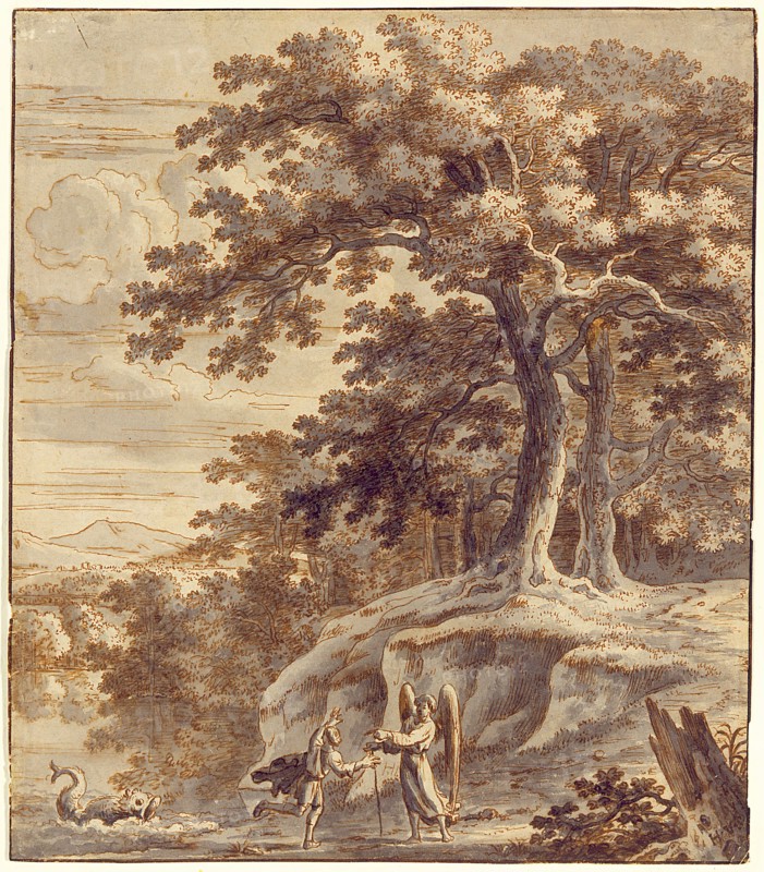 Jacques Rousseau, French, 1630 - 1693, Tobias and the Angel Encountering the Fish, mid-17th century, pen and brown ink and gray wash over graphite on laid paper, Sheet: 9 × 7 3/4 inches (22.9 × 19.7 cm)