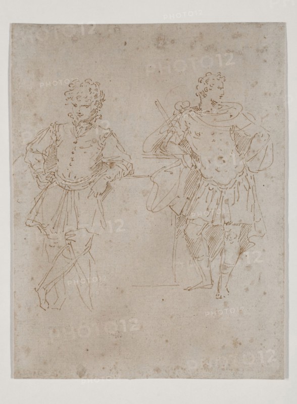 Donato Creti, Italian, 1671-1749, Two Male Figures, One in Ancient Military Dress, ca. 1700, pen and brown ink on dark buff laid paper, Sheet: 7 7/8 × 5 15/16 inches (20 × 15.1 cm)