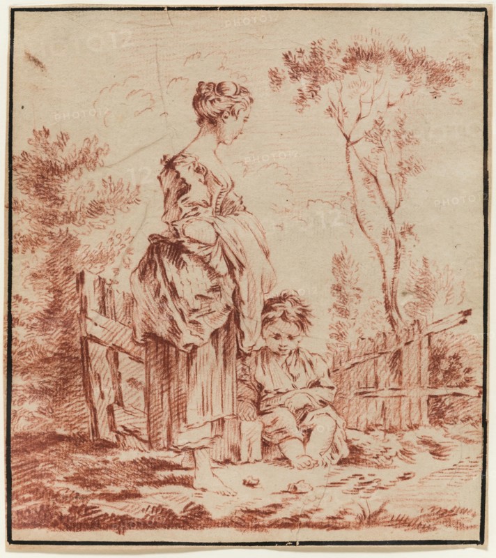 Unknown (French), after François Boucher, French, 1703-1770, Young Woman Standing with a Seated Child, 18th century, red chalk on dark cream laid paper, Sheet: 6 5/8 × 6 inches (16.8 × 15.2 cm)