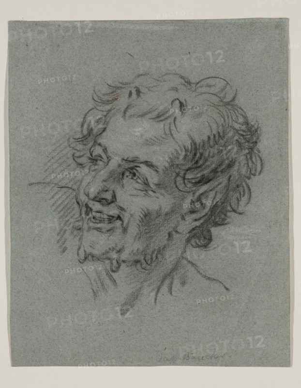 circle of Carle Van Loo, French, 1705-1765, Head of a Satyr, mid-18th century, black chalk with traces of white chalk on blue laid paper, Sheet: 8 7/8 × 7 3/16 inches (22.5 × 18.3 cm)