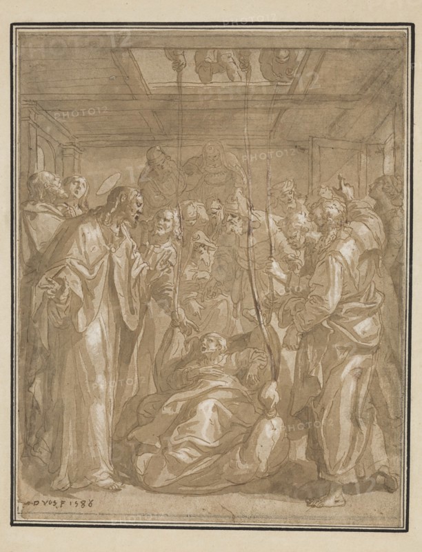Marten de Vos, Netherlandish, 1532-1603, Christ Healing the Palsied Man, 1586, pen and brown ink and brown wash, heightened with white, on light brown laid paper, Sheet: 7 1/2 × 5 7/8 inches (19.1 × 14.9 cm)