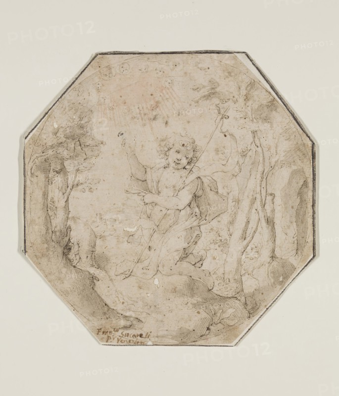 Unknown (Italian), Infant Saint John the Baptist, late 16th and early 17th century, pen and brown ink and gray-brown wash over black chalk on buff laid paper, Sheet (octagonal): 7 inches × 7 1/16 inches (17.8 × 17.9 cm)