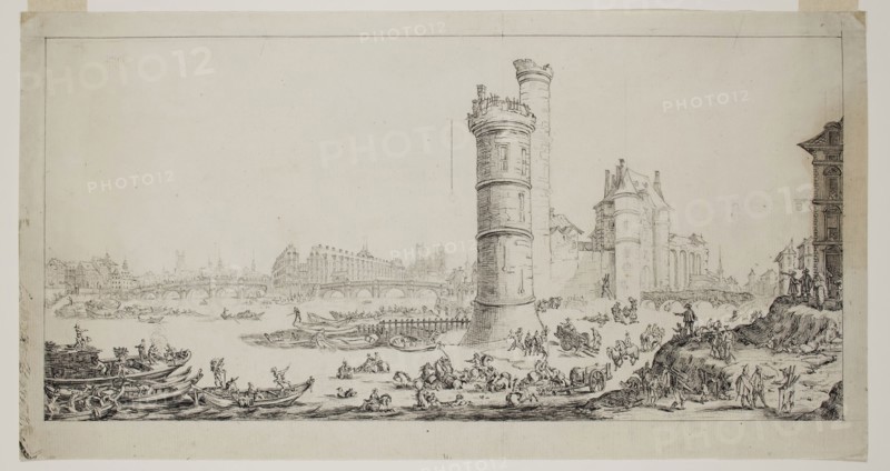 Unknown (French), after Jacques Callot, French, 1592-1635, View of the Pont Neuf, between 1678 and 1700, pen and black ink over graphite on off-white laid paper, Sheet: 7 5/16 × 14 1/16 inches (18.6 × 35.7 cm)