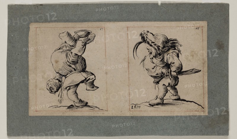 Unknown (French), after Jacques Callot, French, 1592-1635, Two Grotesque Figures, 1675, brush and black ink, with border of red chalk, on buff laid paper, Sheet: 3 5/16 × 6 7/16 inches (8.4 × 16.4 cm)
