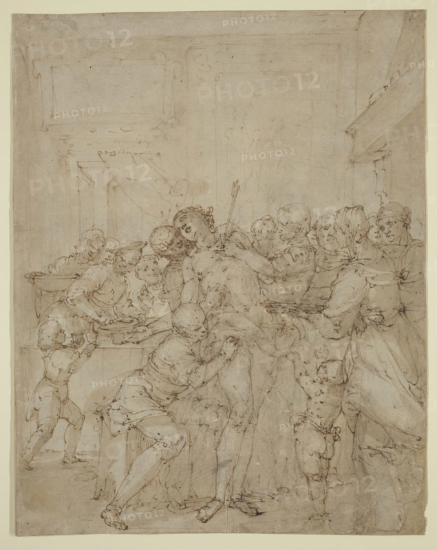 attributed to Giulio Benso, Italian, 1601-1668, St. Sebastian Ministered to by Saint Irene and Attendants, between 1630 and 1639, pen and brown ink with pale brown wash over black chalk on beige laid paper, Sheet: 14 15/16 × 11 13/16 inches (37.9 × 30 cm)