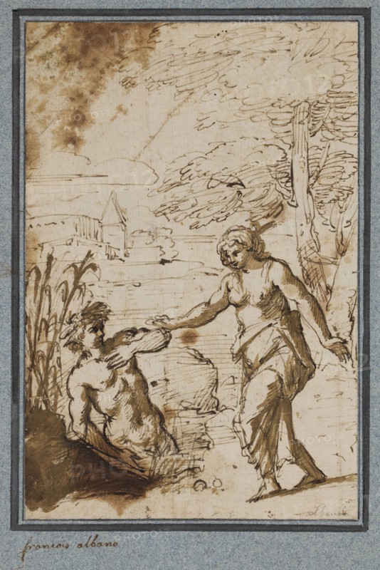 circle of Francesco Albani, Italian, 1578-1660, Pan and Syrinx, early 17th century, pen and brown ink and dark ocher wash on cream laid paper, Sheet: 7 1/2 × 5 1/16 inches (19.1 × 12.9 cm)