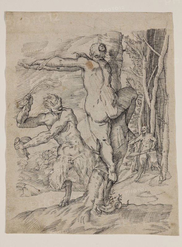 Unknown (Italian), after Agostino Carracci, Italian, 1557-1602, Satyr Chastising a Nymph, 17th century, pen and black ink over a preliminary drawing in graphite on cream antique laid paper, Sheet: 7 1/2 × 5 13/16 inches (19.1 × 14.8 cm)