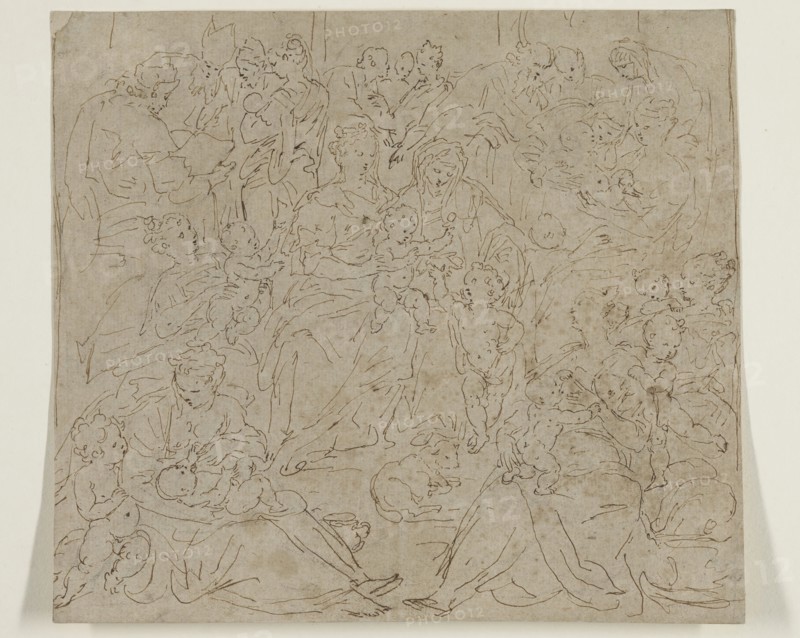 Unknown (Flemish), after Marten de Vos, Netherlandish, 1532-1603, Holy Kinship, 17th century, pen and brown ink over black chalk on discolored laid paper, Sheet: 7 1/2 × 8 1/2 inches (19.1 × 21.6 cm)