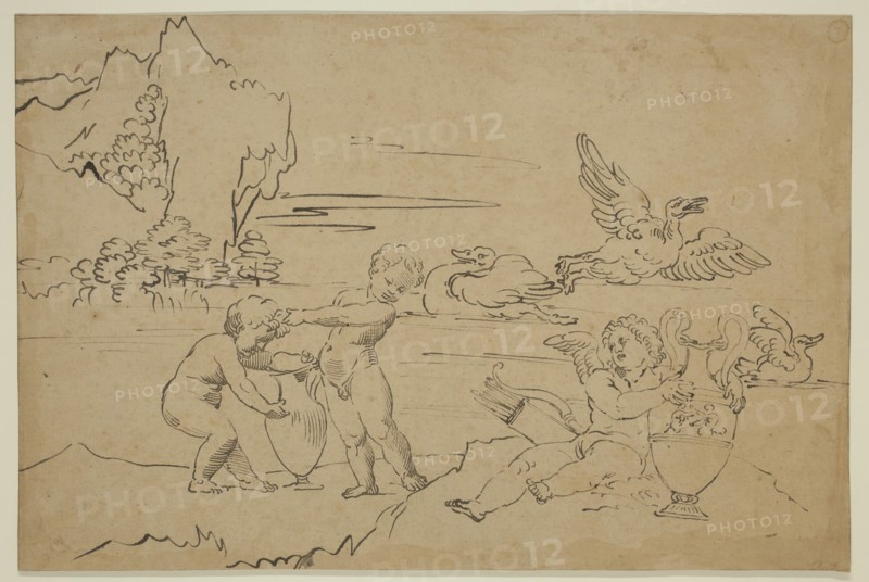 Michel Corneille the Younger, French, 1642-1708, Landscape with Cupids, 17th century, pen and black ink on light brown laid paper, Sheet: 9 3/4 × 14 9/16 inches (24.8 × 37 cm)