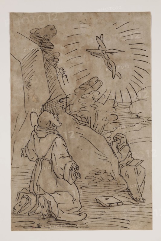 Unknown (Italian), after Luca Cambiaso, Italian, 1527-1585, Saint Francis Receiving the Stigmata, between 1570 and 1580, pen and brown ink over traces of black chalk on buff laid paper, Sheet: 12 7/16 × 8 inches (31.6 × 20.3 cm)