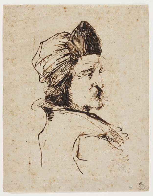 Unknown (Italian), Head of a Man Wearing a Cap, ca. 1650, gouache and watercolor with pen and black and brown ink over a preliminary drawing in graphite, with a decorative border of pen and black ink, on buff antique laid paper, Sheet: 9 3/16 × 12 3/16 inches (23.3 × 31 cm)