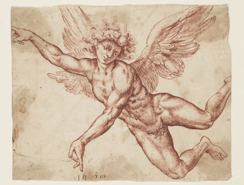 Unknown (Dutch), after Jan de Bisschop, Dutch, 1628-1671, Flying Angel, 17th century, pen and sienna and brown ink on cream laid paper, Sheet: 6 1/2 × 8 1/8 inches (16.5 × 20.6 cm)