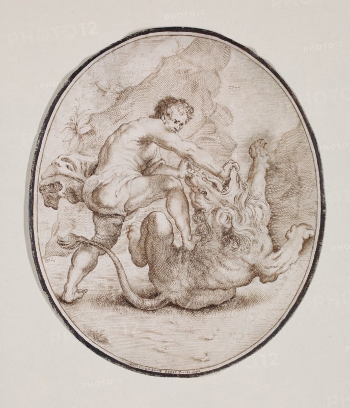 Felix Cignani, Italian, 1660-1724, Hercules Slaying the Nemean Lion, between 1686 and 1724, pen and brown ink on vellum, Sheet: 5 13/16 × 4 15/16 inches (14.8 × 12.5 cm)