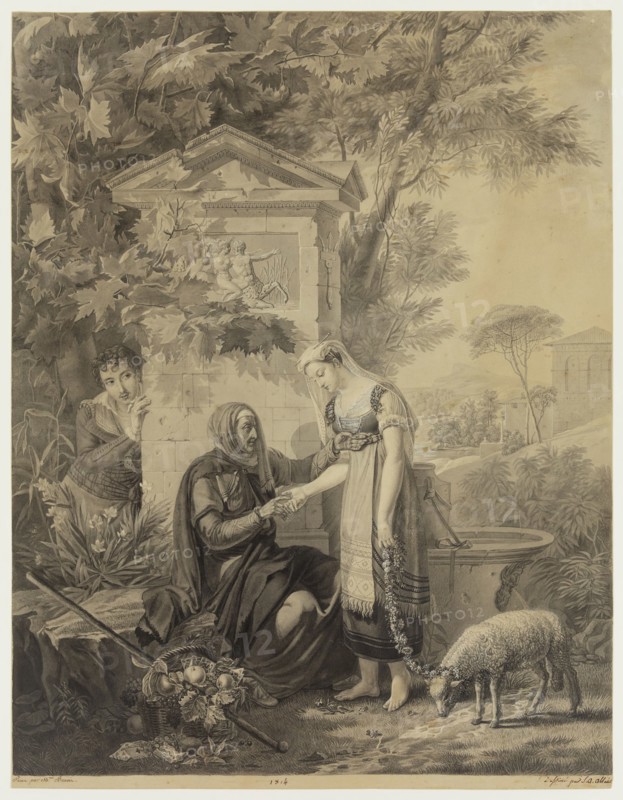 Jean Alexander Allais, French, 1792-1850, The Fortune Teller, 1814, pen and black ink over pencil with gray wash and white gouache on tan wove paper, Sheet: 19 × 14 5/8 inches (48.3 × 37.1 cm)