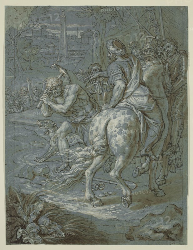 Michel Corneille the Younger, French, 1642-1708, Breaking Ground for the Erection of the Cross, ca. 1680, pen and brown ink with brown wash with white gouache over graphite grid on blue laid paper., Sheet: 14 5/8 × 11 1/8 inches (37.1 × 28.3 cm)