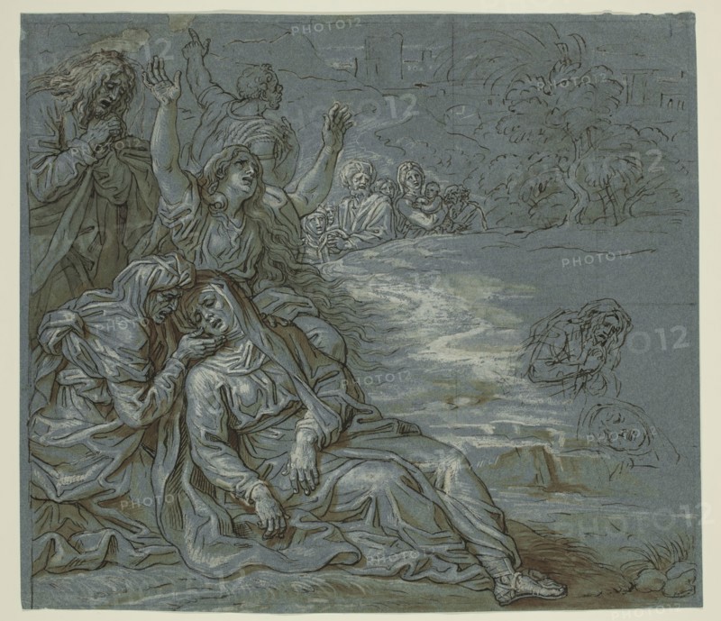 Michel Corneille the Younger, French, 1642-1708, Lamentation, ca. 1680, pen and dark brown ink and brown wash with white over graphite grid, on blue antique laid paper, Sheet: 10 11/16 × 12 1/4 inches (27.1 × 31.1 cm)