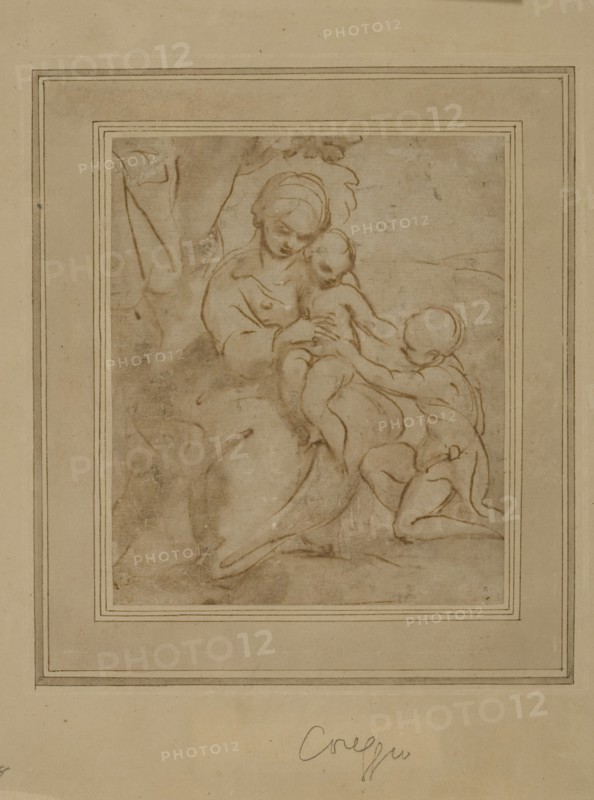 attributed to Bartolomeo Schidone, Italian, 1578-1615, Virgin and Child with Saint John, between 1610 and 1615, pen and brown ink and brown wash on dark buff laid paper, Sheet: 6 1/8 × 5 1/8 inches (15.6 × 13 cm)