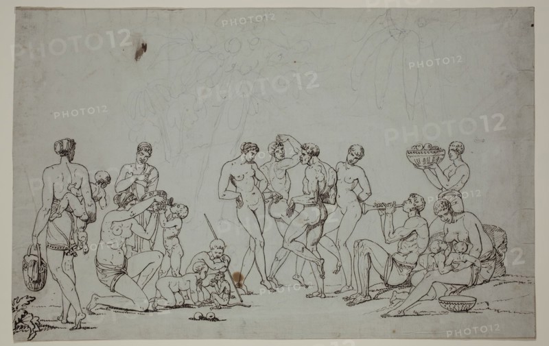 Unknown (French), Nude Savages Dancing, between 1790 and 1814, pen and brown ink over graphite pencil on pale blue laid paper mounted on light brown paper, Sheet: 9 15/16 × 15 5/8 inches (25.2 × 39.7 cm)
